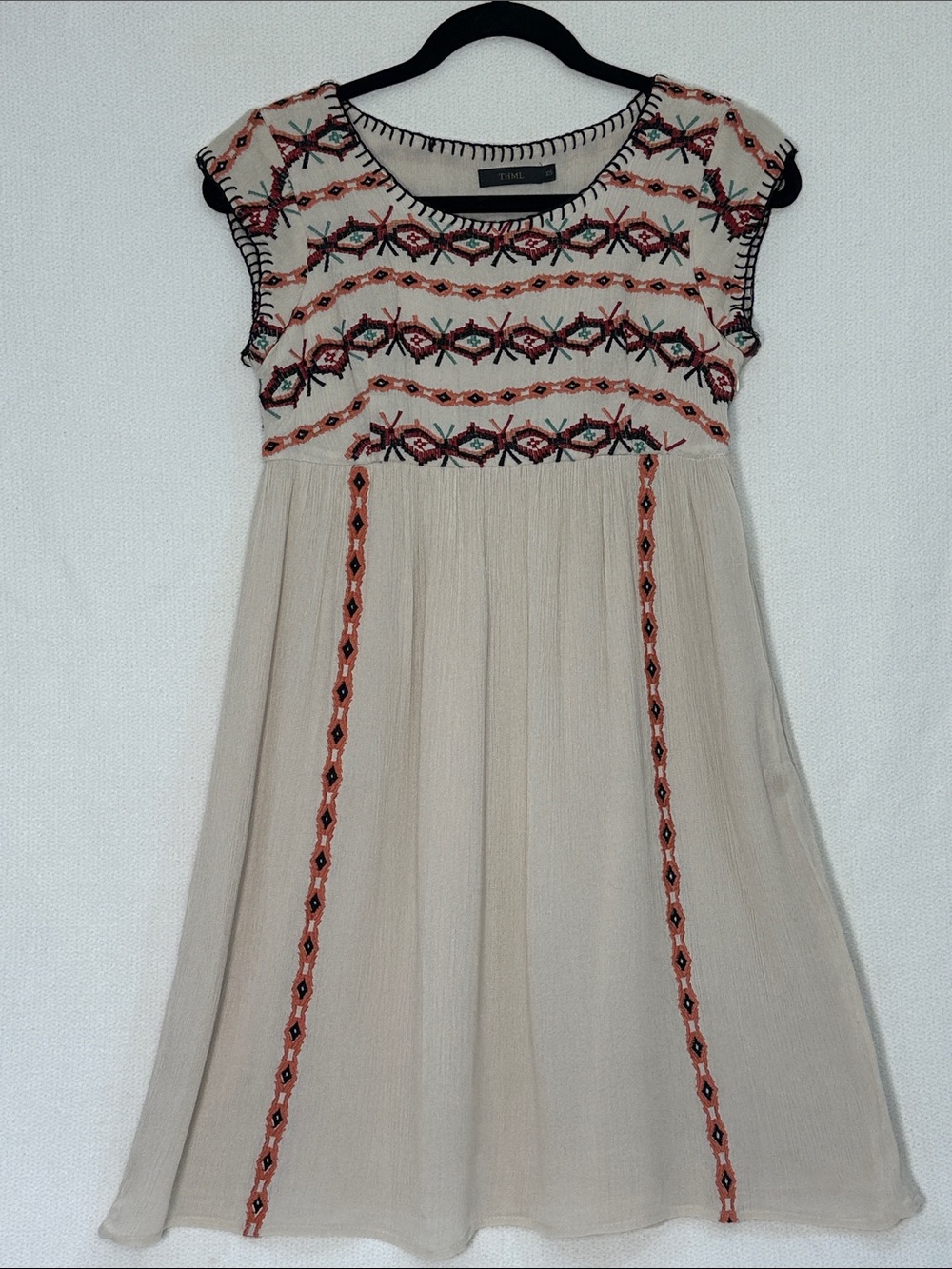 THML Cream Embroidered Cap-Sleeve Casual Dress